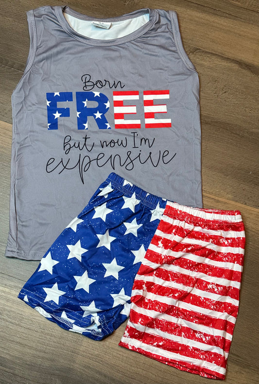 Boys red/white/blue "Born FREE, but now expensive!"